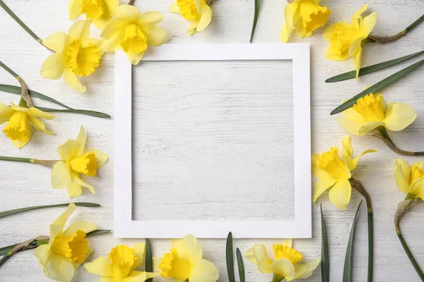 Composición plana con narcisos y espacio para texto sobre fondo de madera blanca. Flores frescas de primavera — Foto de Stock