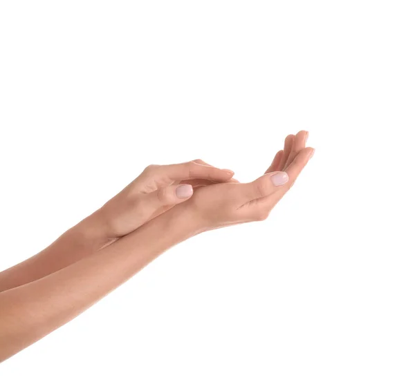 Mulher com belas mãos no fundo branco, close-up. Tratamento de Spa — Fotografia de Stock