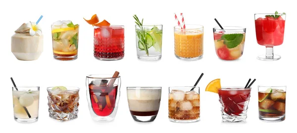 Set di diversi deliziosi cocktail su sfondo bianco — Foto Stock