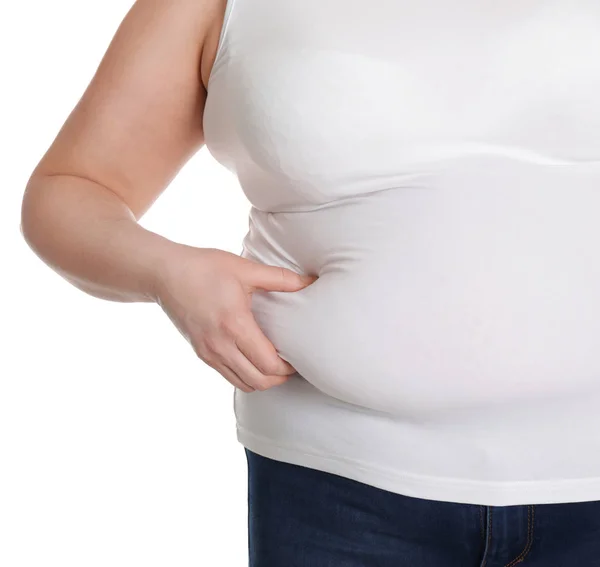 Kilolu kadın beyaz, yakın çekim izole. Obezite ve kilo kaybı — Stok fotoğraf