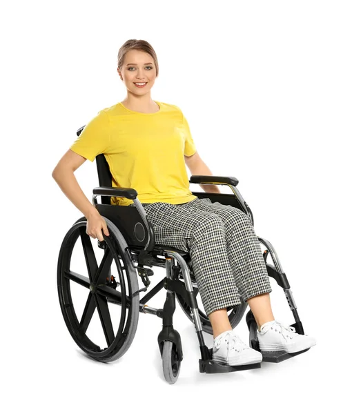 Portrait of beautiful woman in wheelchair isolated on white — Stock Photo, Image