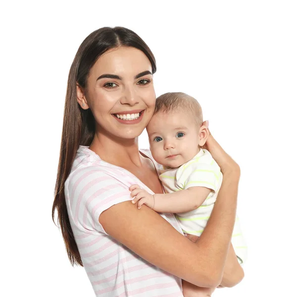 Ritratto di madre felice con il suo bambino isolato su bianco — Foto Stock