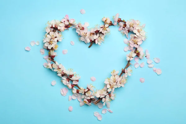 Serce wykonane z pięknych świeżych kwiatów na kolorowym tle, widok z góry z miejscem na tekst. Wiosenny kwiat — Zdjęcie stockowe