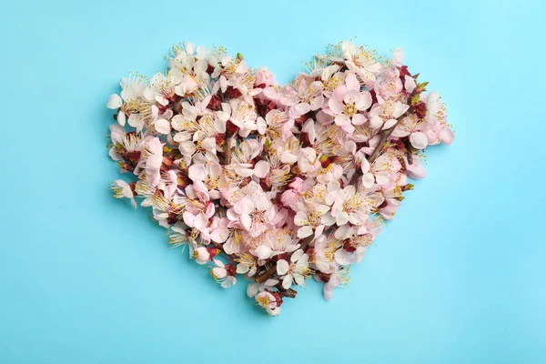 Serce wykonane z pięknych świeżych kwiatów na kolorowym tle, płaski lay. Wiosenny kwiat — Zdjęcie stockowe