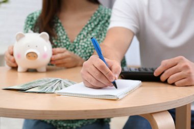 Kumbarası ve parası olan genç çift, yakın plan.