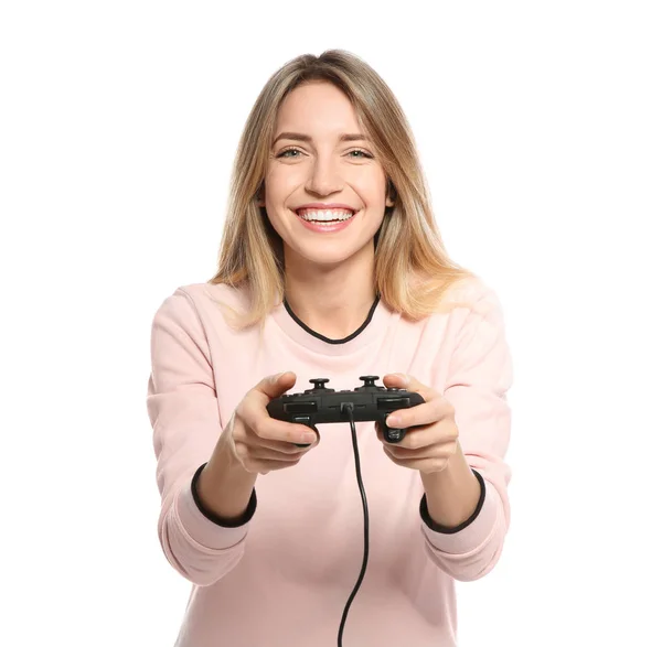 Emocional joven mujer jugando videojuegos con controlador aislado en blanco —  Fotos de Stock