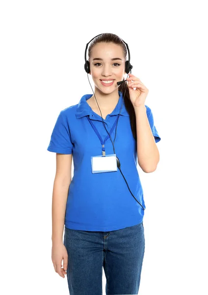 Πορτρέτο του χειριστή τεχνικής υποστήριξης με ακουστικά που απομονώνονται σε λευκό — Φωτογραφία Αρχείου