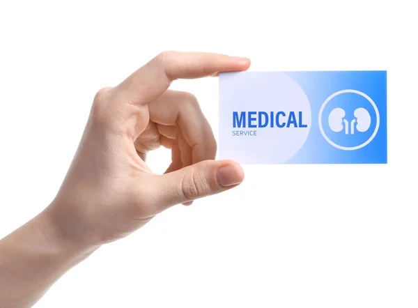 Η γυναίκα που κρατά την ιατρική επαγγελματική κάρτα απομονωμένη σε λευκό, κοντινό. Υπηρεσία Νεφρολογίας — Φωτογραφία Αρχείου