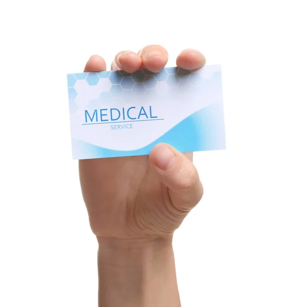 Mujer con tarjeta de visita aislada en blanco, primer plano. Servicio médico —  Fotos de Stock