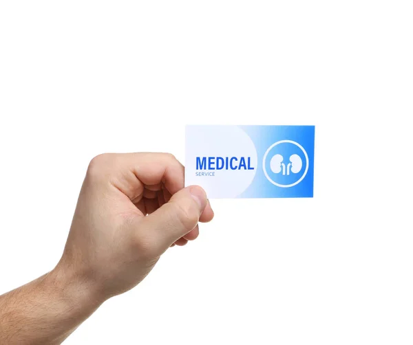 Hombre con tarjeta de visita médica aislado en blanco, primer plano. Servicio de nefrología — Foto de Stock
