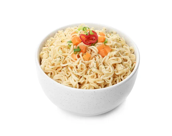 Tasty instant noodles with vegetables in bowl isolated on white — Stock Photo, Image