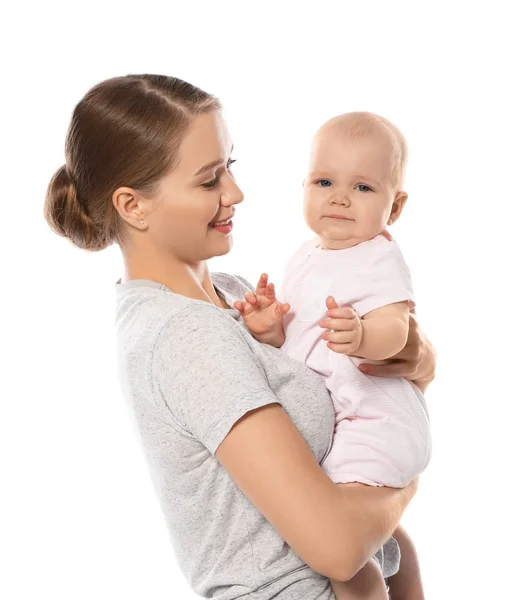 Ritratto di madre felice con il suo bambino isolato su bianco — Foto Stock