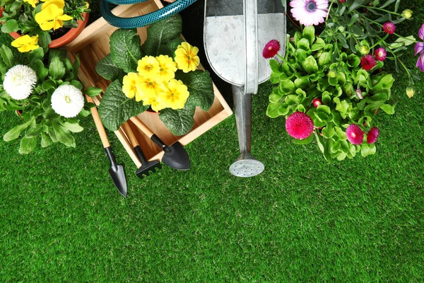 Vlakke lay samenstelling met het tuinieren materiaal en bloemen op groen gras — Stockfoto