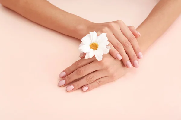 Vista de cerca de la mujer con la flor en el fondo de color. Tratamiento de spa — Foto de Stock