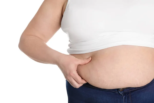 Femme en surpoids isolée sur blanc, gros plan. Obésité et perte de poids — Photo