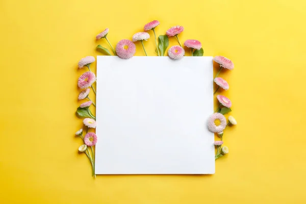 Επίπεδη σύσταση σύνθεση με άνοιξη λουλούδια μαργαρίτα και κάρτα στο φόντο χρώμα. Χώρος για κείμενο — Φωτογραφία Αρχείου