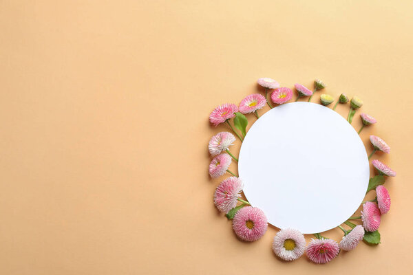 Flat lay composition with spring daisy flowers and card on color background. Space for text
