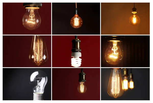 Collage of different lamp bulbs on dark background