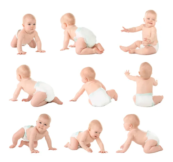 Conjunto de bebê pequeno bonito rastejando no fundo branco — Fotografia de Stock