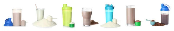 Set von verschiedenen leckeren Proteinshakes auf weißem Hintergrund — Stockfoto