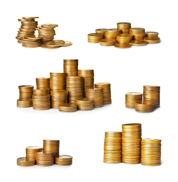 Stacks of coins on white background. Financial concept — Stock Photo, Image