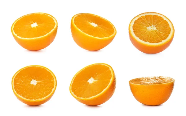 Sett med modne, saftige appelsiner på hvit bakgrunn – stockfoto