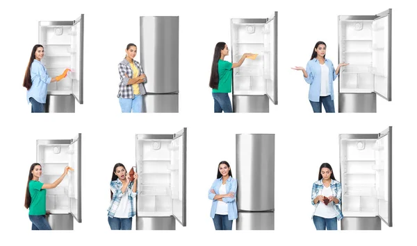 Набір жінки біля сучасних холодильників на білому тлі — стокове фото