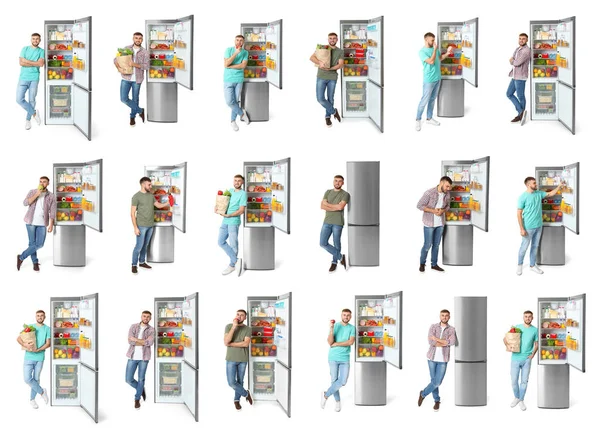 Conjunto de hombre cerca de refrigeradores modernos sobre fondo blanco — Foto de Stock