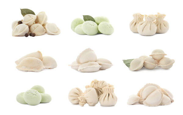 Набор различных вкусных сырых пельменей на белом фоне
  