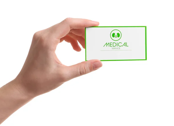Woman holding medical business card isolated on white, closeup. Nephrology service — Stock Photo, Image