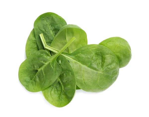 Pile of fresh spinach leaves isolated on white, top view — Stock Photo, Image