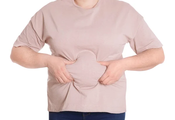 Mujer con sobrepeso aislada en blanco, primer plano. Obesidad y pérdida de peso —  Fotos de Stock