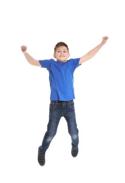 Portrait of boy jumping on white background — Stock Photo, Image