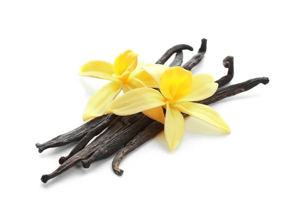 Aromatic vanilla sticks and flowers on white background — Stock Photo, Image