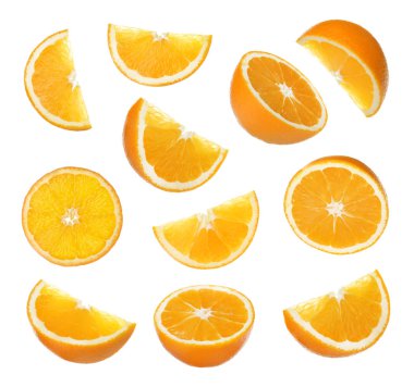Set of cut ripe juicy oranges on white background clipart