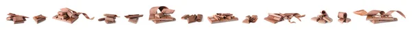 Set de deliciosas piezas de chocolate y rizos sobre fondo blanco —  Fotos de Stock