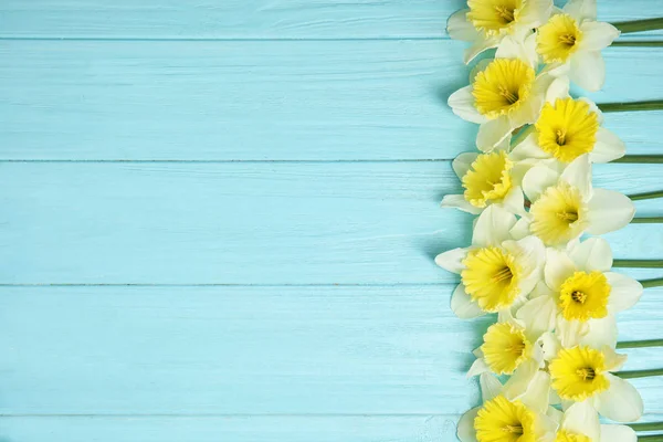 Composição plana com narcisos e espaço para texto sobre fundo de madeira. Flores frescas da primavera — Fotografia de Stock