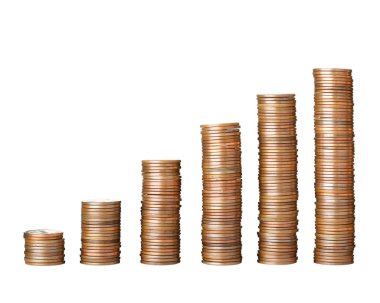 Beyaz arka plan üzerinde sikke yığınları. Finansal kavram