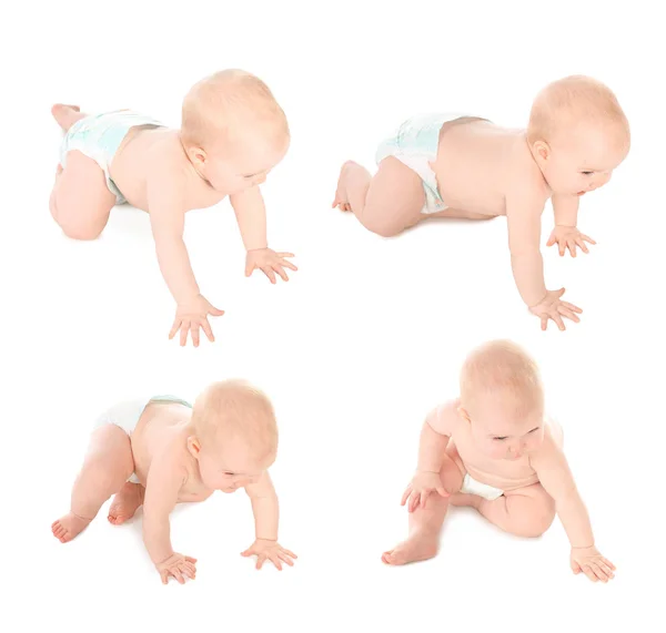 Set of cute little baby crawling on white background — Stock Photo, Image