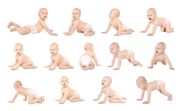 Set of cute little baby crawling on white background — Stock Photo, Image