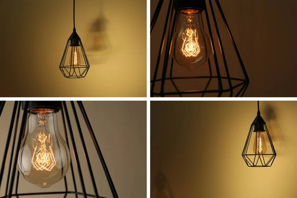 Collage van verschillende lamp lampen op kleur achtergrond — Stockfoto