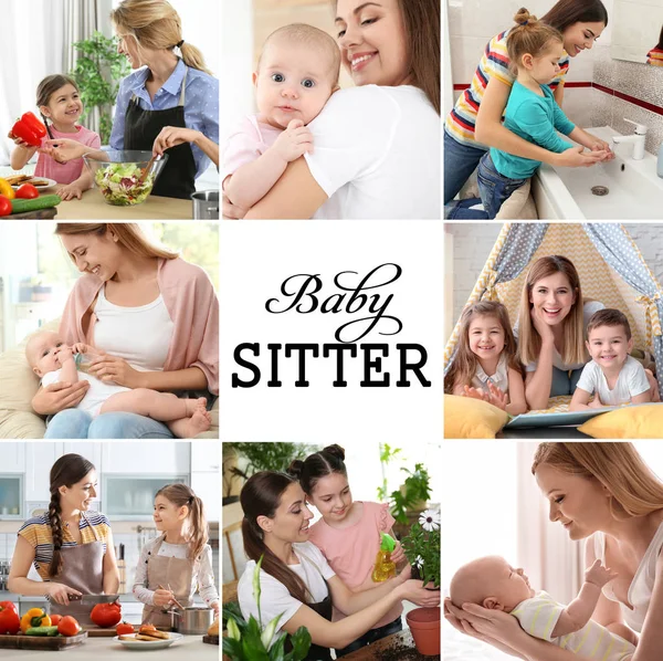 Set with pictures of adorable children and nannies indoors — Stock Photo, Image