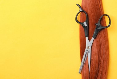 Kırmızı saçlı düz yatıyordu kompozisyon, inceltme makas ve renk arka plan metin için alan. Kuaför hizmeti