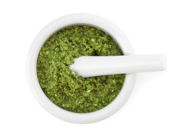Beyaz, üst görünüm izole lezzetli pesto sos ve havaneli Harç