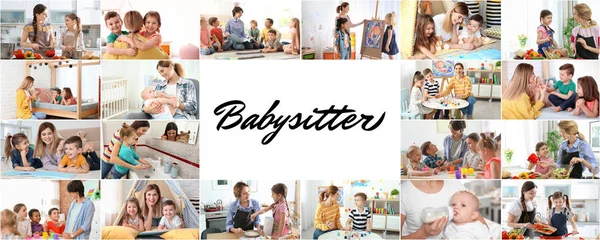 Set mit Bildern von entzückenden Kindern und Kindermädchen drinnen — Stockfoto