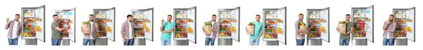 Conjunto de homem perto de frigoríficos modernos no fundo branco — Fotografia de Stock