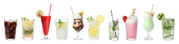 Uppsättning av olika läckra cocktails på vit bakgrund — Stockfoto
