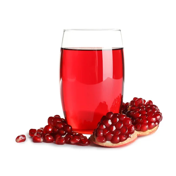 Glass of pomegranate juice and fresh fruits on white background — Stock Photo, Image