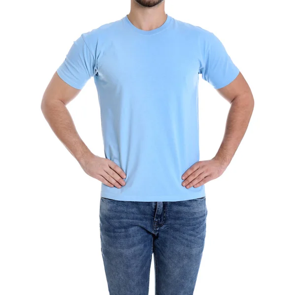 Young man on white background, closeup. Weight loss — Stock Photo, Image