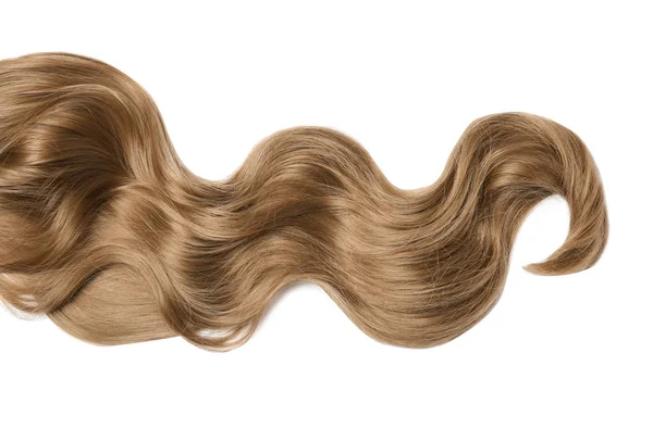 Serratura di capelli castani ondulati su sfondo bianco, vista dall'alto — Foto Stock
